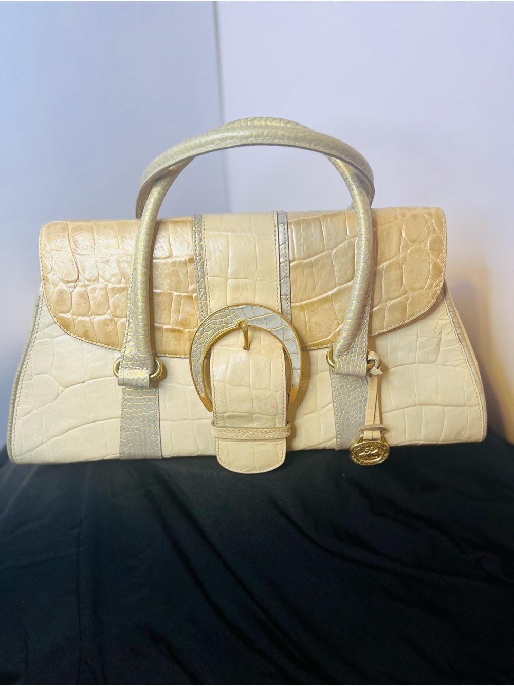 Brahmin Vintage Torey Tomago Leather Shoulder Satchel Bag - Cream Beige Croc